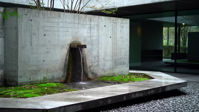 Modern architectural water feature with flowing water, surrounded by greenery in a serene environment - niche in wall
