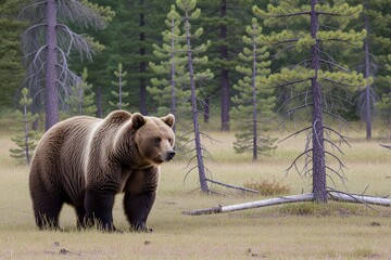 Grizzly bear and pine trees in grassy field, tall thin pine trees in background. Concept of grizzly bear and pine trees highlighting wild animals in serene atmosphere.