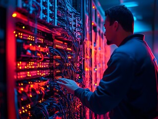 A male technician meticulously works on complex server rack wi in a modern data center at night.