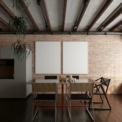 two  poster framed mockup in industrial modern diningroom. 3d illustration