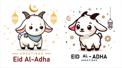 Adorable cute cartoon goat or sheep illustration with Eid Al-Adha Greetings text, poster educational children social media post