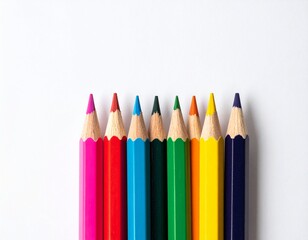 Nine brightly colored sharpened pencils arranged closely against a plain white surface. Focus is on the tips and the wood, which is exposed