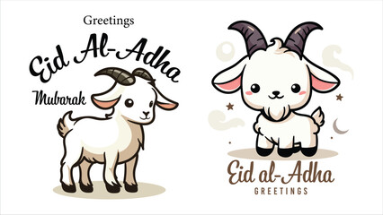Adorable cute cartoon goat or sheep illustration with Eid Al-Adha Greetings text, poster educational children social media post