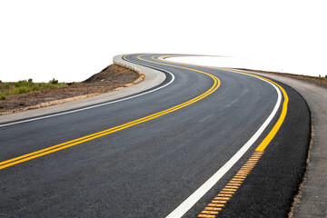 Fototapeta premium A curved road with yellow and white markings bordered by reflective barriers, offering a sense of direction and perspective. Isolated on a transparent background