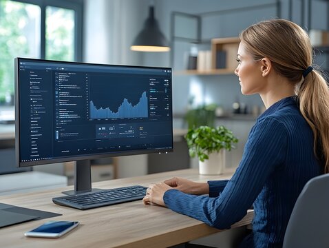 A young businesswoman analyzes financial data displayed on a large computer monitor in her modern home office. - Powered by Adobe