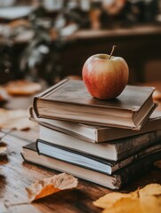 Still life of apple resting on stack of vintage books with autumn leaves on wooden table in soft light