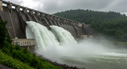 Hydroelectric Dam Releasing Water with Green Hills Under Overcast Sky on Cloudy Day