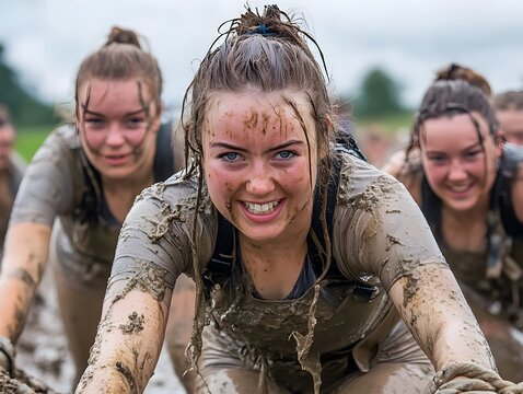 Three smiling young women covered in mud participate in a challenging outdoor obstacle course competition.
