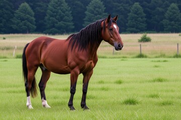 Fototapeta premium Brown horse with braided mane, standing in lush green field, peaceful mood. Concept of horse with braided mane, representing beauty of pets in nature.