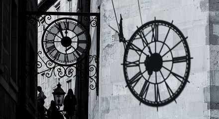 Obraz premium Time's Shadow: Ornate Clocks in an Old European Alley