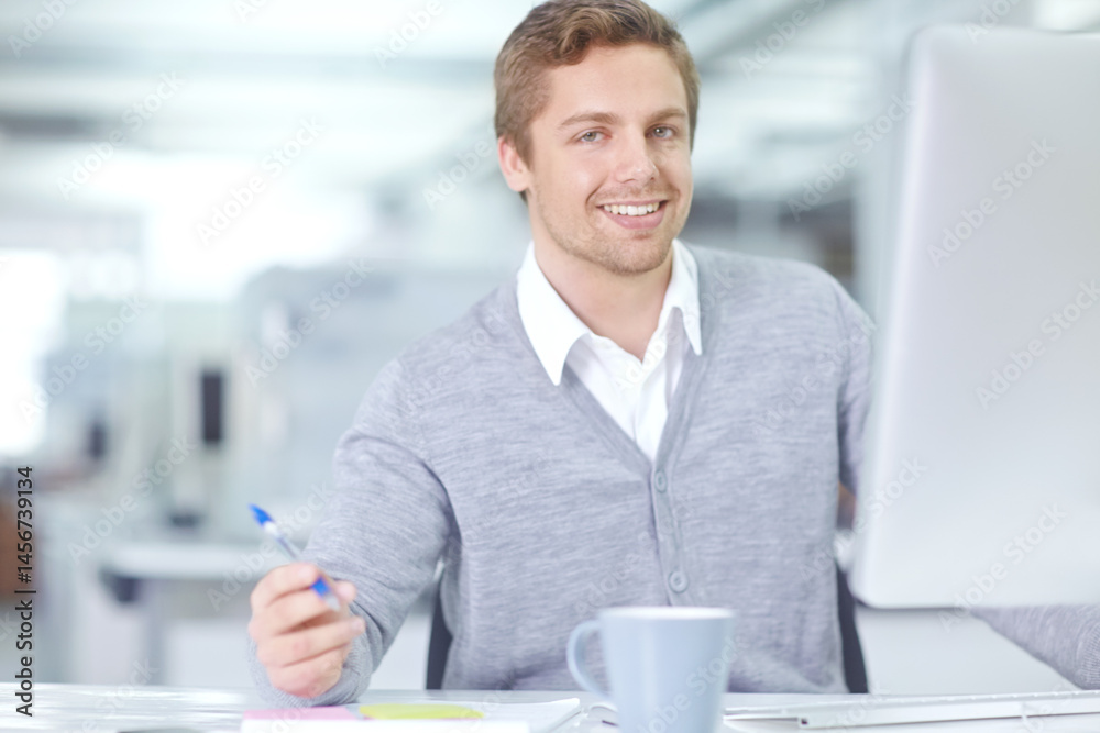 Poster portrait, writing notes and business man on computer for research, information or email at startup. 