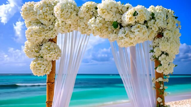 Beautifully arranged wedding chuppah by the beach with white flowers and flowing fabric under a bright blue sky