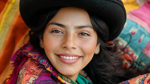 Bolivian woman in vibrant garment and bowler hat showcases cultural heritage in a colorful setting
