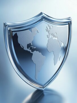 World map on shield concept close up studio shot global security and protection international safety worldwide defense