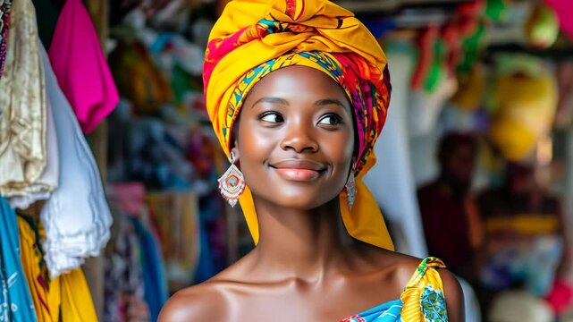 Vibrant Haitian woman showcases traditional dance in colorful cultural attire and lively market setting
