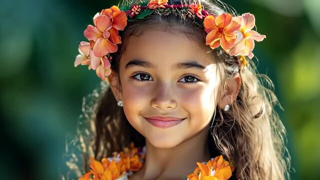 Hawaiian girl showcases traditional hula outfit with floral accessories in vibrant outdoor setting