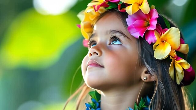 Hawaiian girl showcases traditional hula attire with floral crown in vibrant natural setting