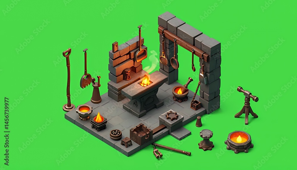 Fototapete isometric pixel art of blacksmith forge with anvil and tools isolated by green screen
