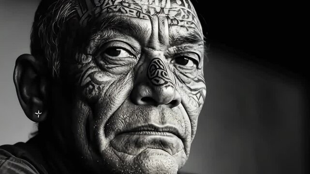 Traditional Maori man showcases intricate tattoo patterns with a strong, proud expression in a moody setting