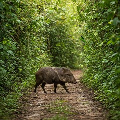Fototapeta premium Peccary crosses muddy trail, while green parakeet flashes through vines, forest buzzing with movement both below and above the leaves.