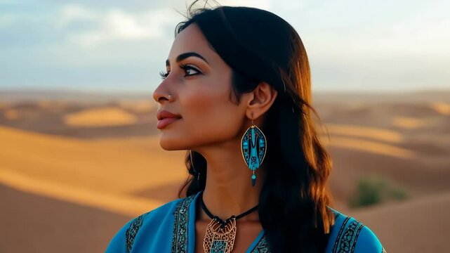 Moroccan woman in vibrant blue kaftan gazes thoughtfully over desert landscape during golden hour