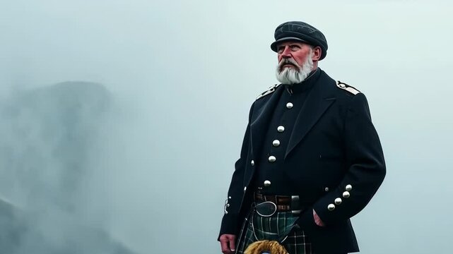 Scottish man in traditional kilt stands proudly on misty hilltop