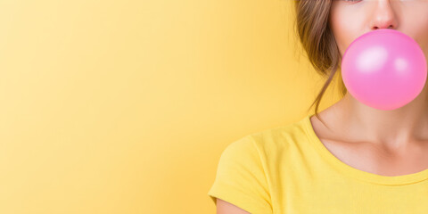 Woman blowing a pink bubble gum while wearing a yellow shirt. Playfulness, color contrast, youthful