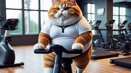 Ginger fat obese cat in white t-shirt actively working out on exercise bike in gym of fitness club. Concept of sports training, physical activity, weight loss, calorie loss, overweight, fatness.