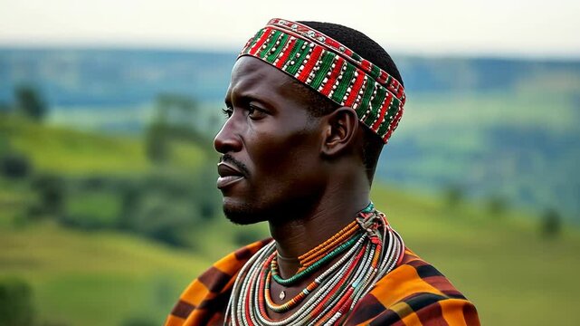 Proud Ugandan man in traditional kanzu stands against lush landscape during vibrant cultural moment