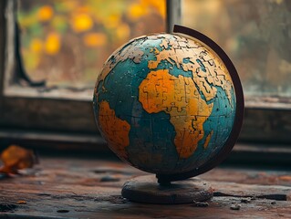 A vintage globe puzzle sits on a weathered wooden surface near an old window with autumnal colors blur in the background.