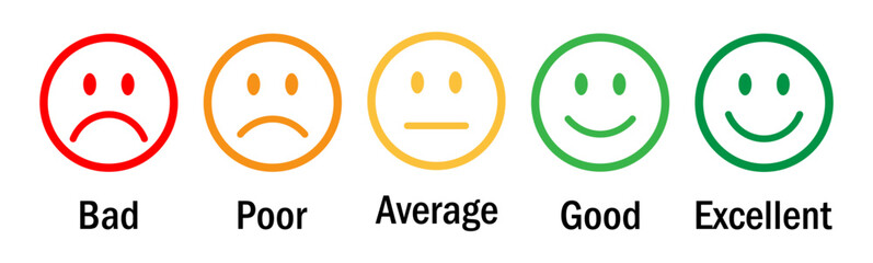 Colorful feedback scale with five emoticons from sad to happy. Perfect for surveys, reviews, customer satisfaction, UX evaluation. Flat vector design on white background. Emoji, feedback, icons.