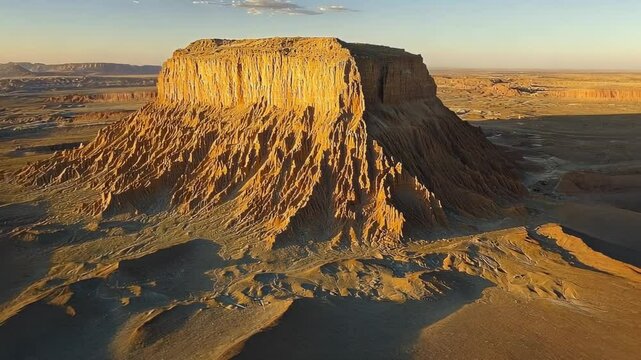Vast, ochre-hued mesa dominates a sun-drenched desert landscape.  Dramatic rock formations