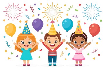 Fototapeta premium Three cheerful children celebrating a birthday party with balloons and confetti decorations