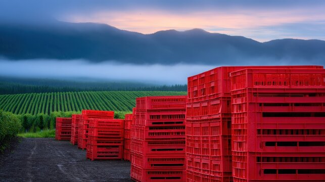 Bright red crates lined up in a vineyard at sunrise with misty mountains in the background