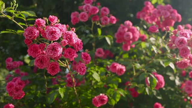 A pink rose. A bush of pink Laguna roses. Cultivation of Super Excelsa roses.	
