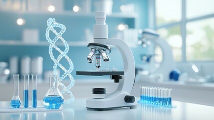Close-up of a laboratory microscope surrounded by glassware and DNA model.