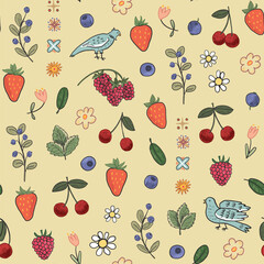 Berries flowers and birds doodle spring seamless pattern, simple ornament