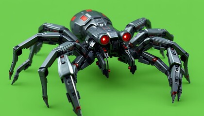Isometric Robotic Spider with Metallic Texture Isolated by Green Screen for VFX Movie Game Element