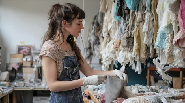 Creative woman examines fabrics in studio