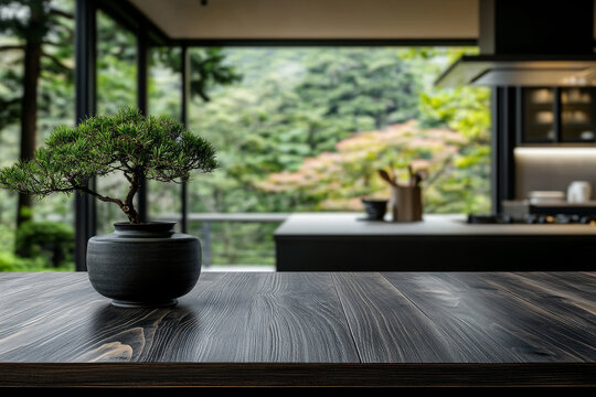 wooden table with bansai tree on modern kitchen