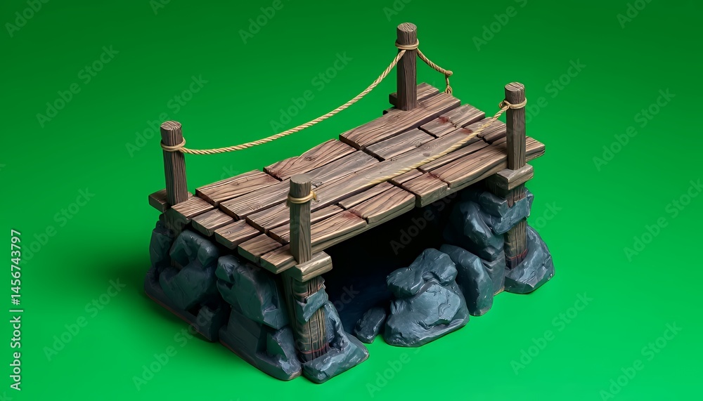 Fototapete isometric stone bridge with wooden deck and rope railing on green screen background isolated 3d rend