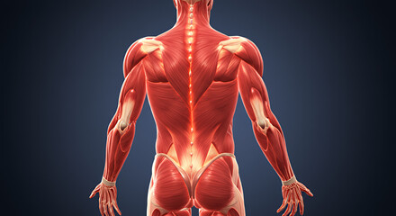Detailed 3D Render of Glowing Human Muscular System Posterior View