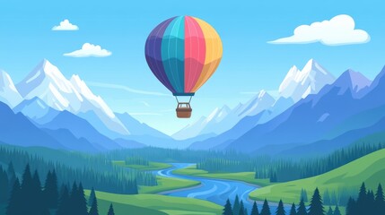 Fototapeta premium Colorful hot air balloon flying over scenic mountain valley with river and pine forest landscape background
