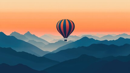 Obraz premium Colorful hot air balloon flying over scenic mountain valley with river and pine forest landscape background