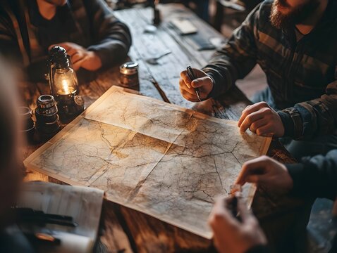 A group of adventurers meticulously plan their next expedition using a vintage map illuminated by a kerosene lamp on a rustic wooden table.