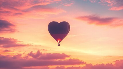 Fototapeta premium Heart shaped hot air balloon flying above dramatic pink clouds at sunset with romantic sky background
