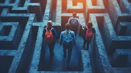 A group of young adults with backpacks navigate a complex stone maze searching for a solution together.