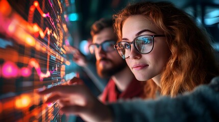 A focused woman and a man collaborate on a large interactive digital display analyzing complex data visualizations at night.