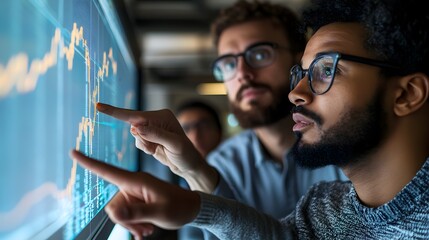 Two focused male colleagues collaborate analyzing financial data on a large interactive screen in a modern office setting.