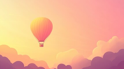 Obraz premium Minimalist hot air balloon floating in pastel gradient sky with dreamy pink clouds background with place for text